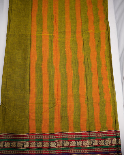 Narayanapet Mercerized Cotton Saree in Elegant Olive Mustard Green with Traditional Border | Soft Finish & Lightweight Drape