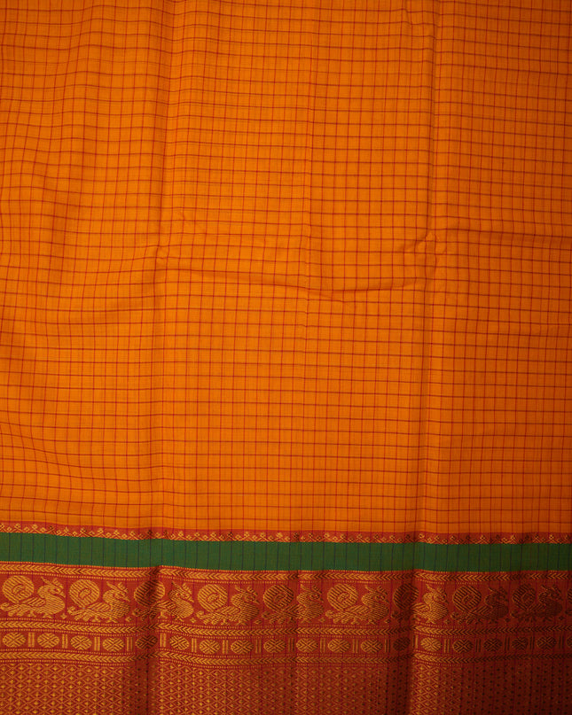 Narayanapet Mercerized Cotton Saree in Vibrant Mango Orange Checks with Contrast Green Peacock Zari Border | Soft Finish & Lightweight Drape