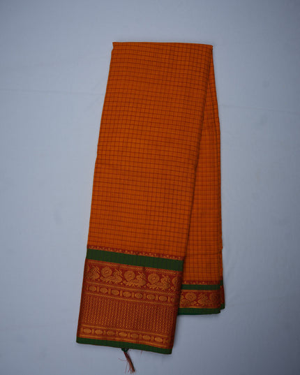 Narayanapet Mercerized Cotton Saree in Vibrant Mango Orange Checks with Contrast Green Peacock Zari Border | Soft Finish & Lightweight Drape