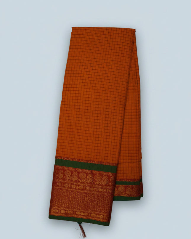 Narayanapet Mercerized Cotton Saree in Vibrant Mango Orange Checks with Contrast Green Peacock Zari Border | Soft Finish & Lightweight Drape
