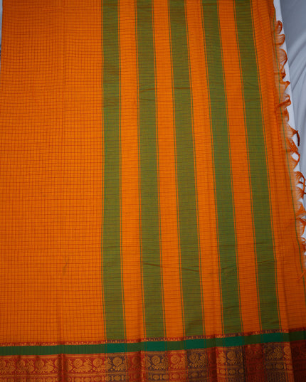 Narayanapet Mercerized Cotton Saree in Vibrant Mango Orange Checks with Contrast Green Peacock Zari Border | Soft Finish & Lightweight Drape
