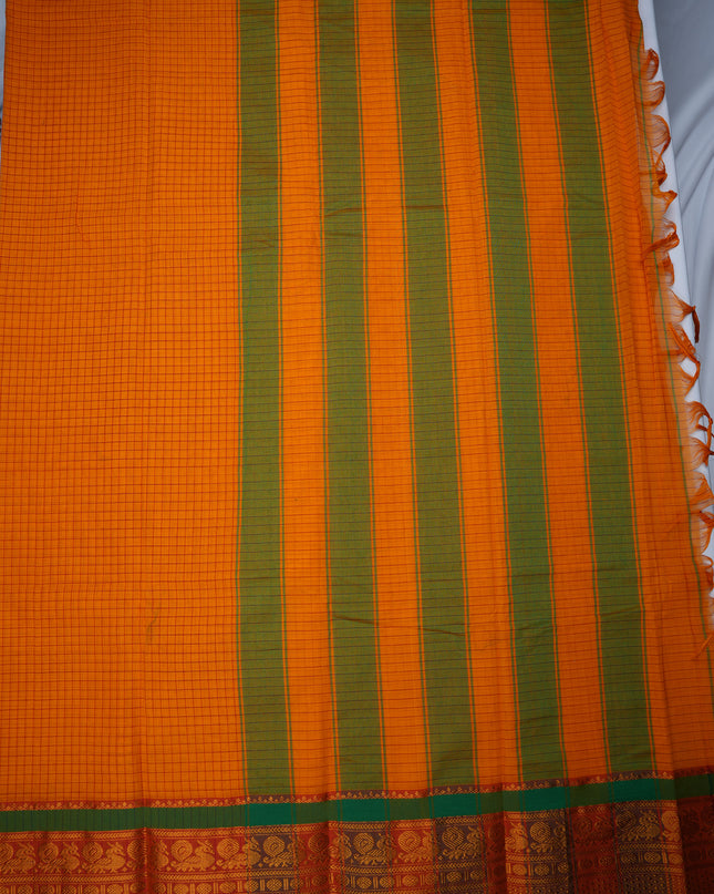 Narayanapet Mercerized Cotton Saree in Vibrant Mango Orange Checks with Contrast Green Peacock Zari Border | Soft Finish & Lightweight Drape