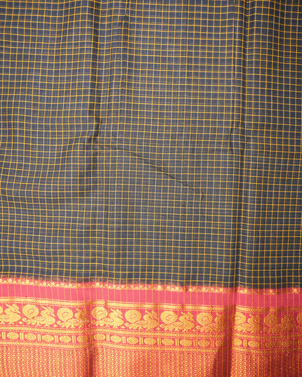 Narayanapet Mercerized Cotton Saree in Classic Jet Black Checks with Rich Maroon Peacock Zari Border | Soft Finish & Lightweight Drape
