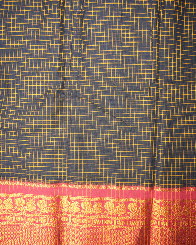 Narayanapet Mercerized Cotton Saree in Classic Jet Black Checks with Rich Maroon Peacock Zari Border | Soft Finish & Lightweight Drape