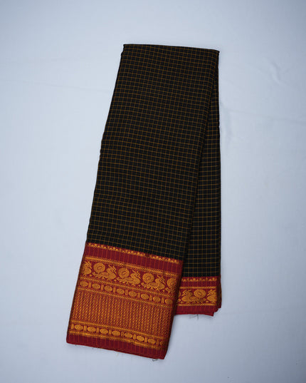 Narayanapet Mercerized Cotton Saree in Classic Jet Black Checks with Rich Maroon Peacock Zari Border | Soft Finish & Lightweight Drape
