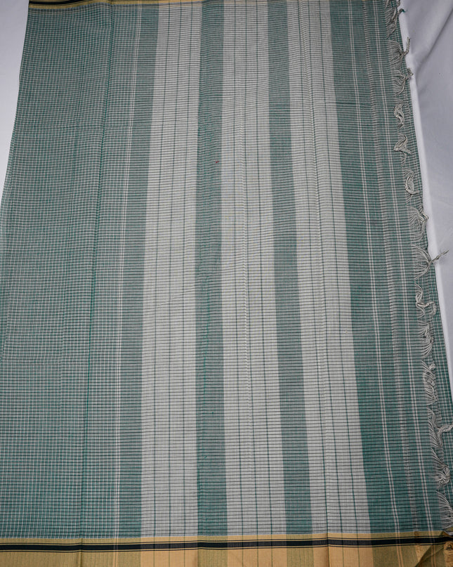 Narayanapet Mercerized Cotton Saree in Elegant Sea Green Checks with Traditional Border | Soft Finish & Lightweight Drape