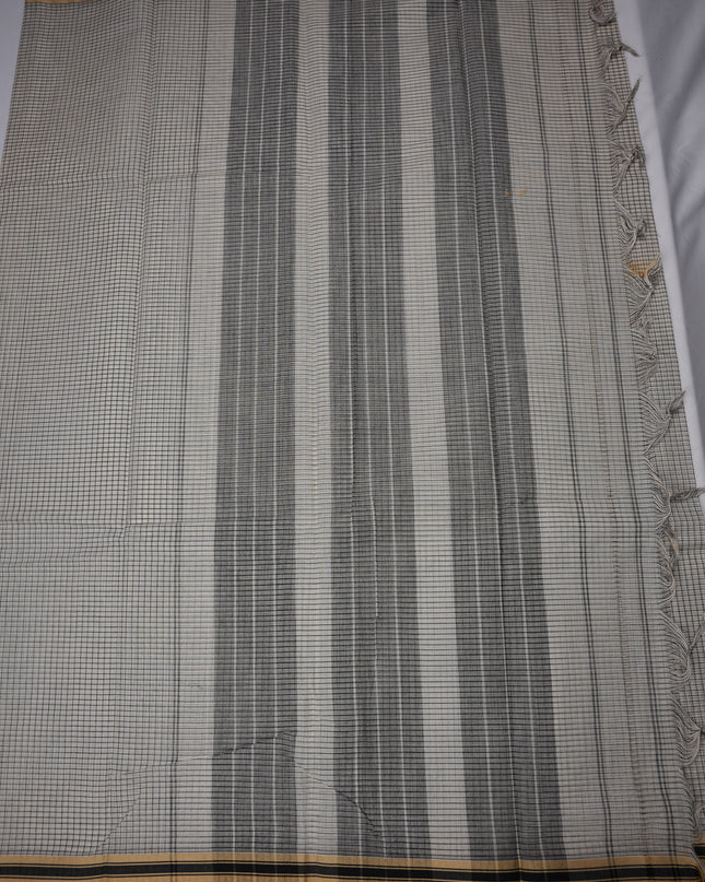 Narayanapet Mercerized Cotton Saree in Elegant Black & White Checks with Traditional Border | Soft Finish & Lightweight Drape