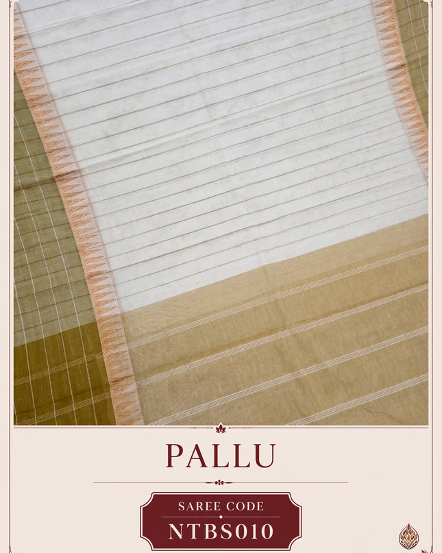 Premium Handwoven Cotton Saree in Off White & Beige with Traditional Temple Border | Soft & Breathable Daily Wear Saree