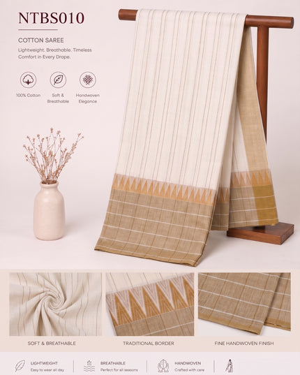 Premium Handwoven Cotton Saree in Off White & Beige with Traditional Temple Border | Soft & Breathable Daily Wear Saree