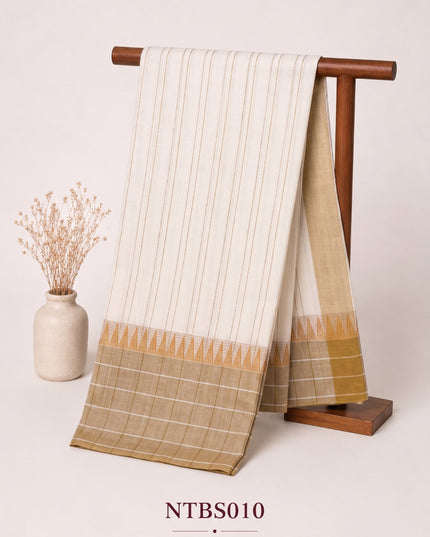 Premium Handwoven Cotton Saree in Off White & Beige with Traditional Temple Border | Soft & Breathable Daily Wear Saree