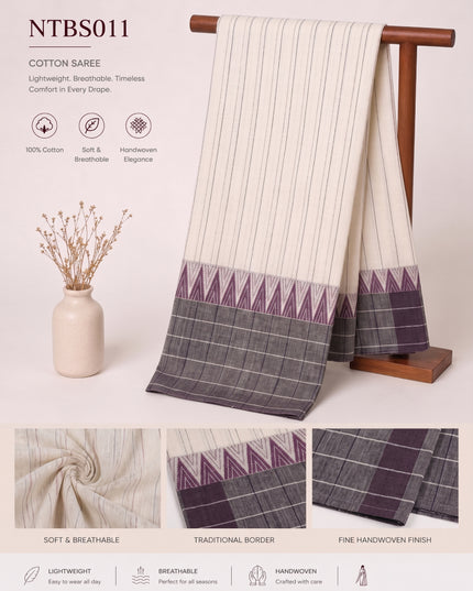 Premium Handwoven Cotton Saree in Off White & Purple Grey with Traditional Temple Border | Soft & Breathable Daily Wear Saree