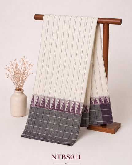 Premium Handwoven Cotton Saree in Off White & Purple Grey with Traditional Temple Border | Soft & Breathable Daily Wear Saree