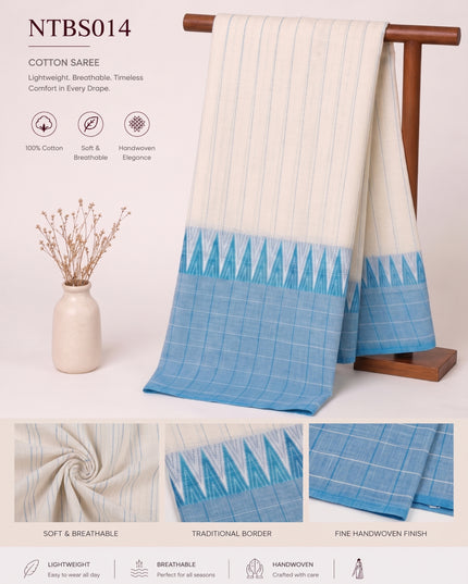 Premium Handwoven Cotton Saree in Off White & Sky Blue with Traditional Temple Border | Soft & Breathable Daily Wear Saree
