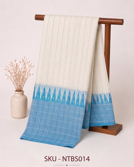 Premium Handwoven Cotton Saree in Off White & Sky Blue with Traditional Temple Border | Soft & Breathable Daily Wear Saree