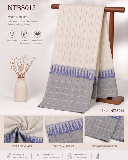 Premium Handwoven Cotton Saree in Off White, Royal Blue & Ash Grey with Traditional Temple Border | Soft & Breathable Daily Wear Saree