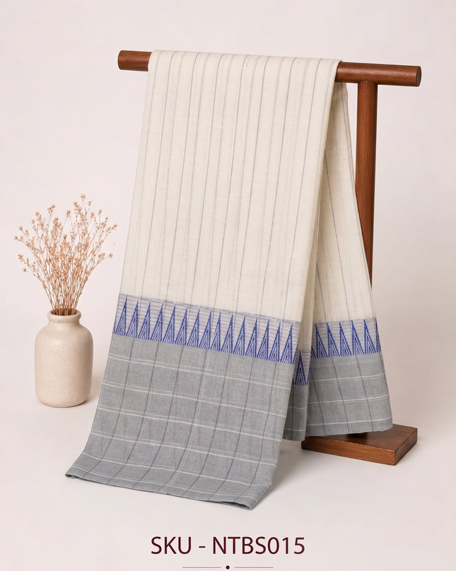 Premium Handwoven Cotton Saree in Off White, Royal Blue & Ash Grey with Traditional Temple Border | Soft & Breathable Daily Wear Saree