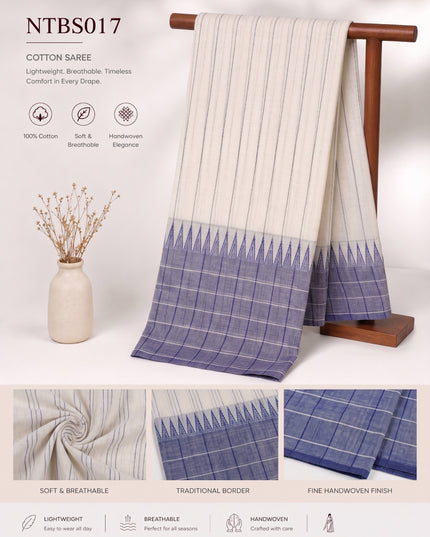 Premium Handwoven Cotton Saree in Off White & Lavender Blue with Traditional Temple Border | Soft & Breathable Daily Wear Saree