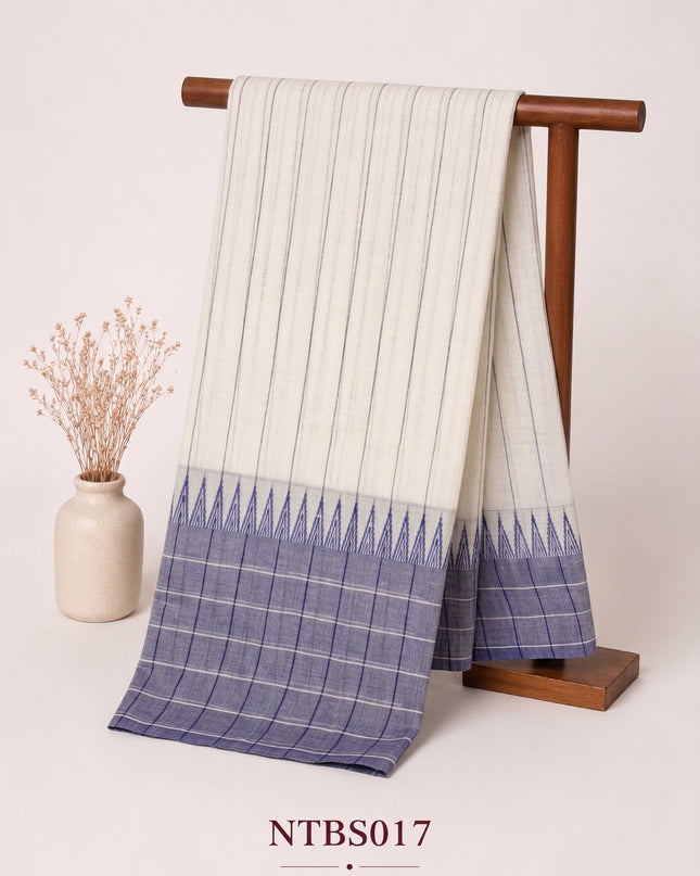 Premium Handwoven Cotton Saree in Off White & Lavender Blue with Traditional Temple Border | Soft & Breathable Daily Wear Saree