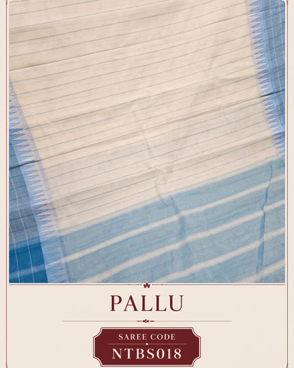 Premium Handwoven Cotton Saree in Off White & Aqua Blue with Traditional Temple Border | Soft & Breathable Daily Wear Saree