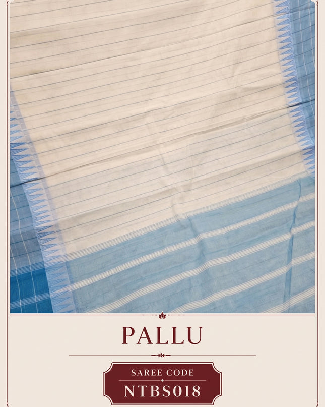 Premium Handwoven Cotton Saree in Off White & Aqua Blue with Traditional Temple Border | Soft & Breathable Daily Wear Saree