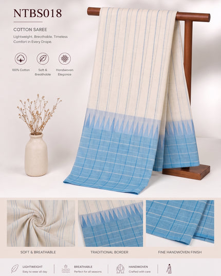 Premium Handwoven Cotton Saree in Off White & Aqua Blue with Traditional Temple Border | Soft & Breathable Daily Wear Saree