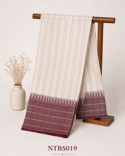 Premium Handwoven Cotton Saree in Off White & Maroon with Traditional Temple Border | Soft & Breathable Daily Wear Saree