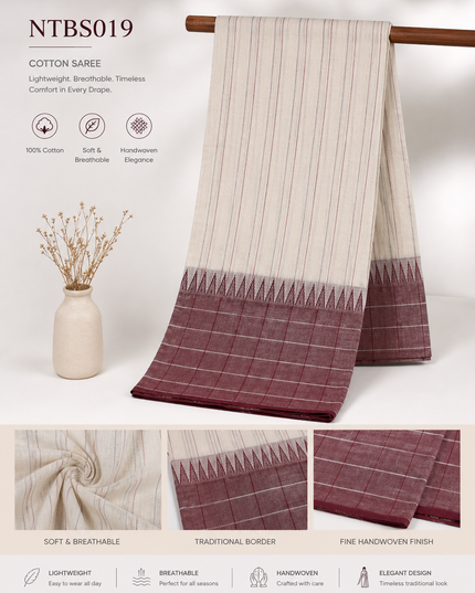 Premium Handwoven Cotton Saree in Off White & Maroon with Traditional Temple Border | Soft & Breathable Daily Wear Saree