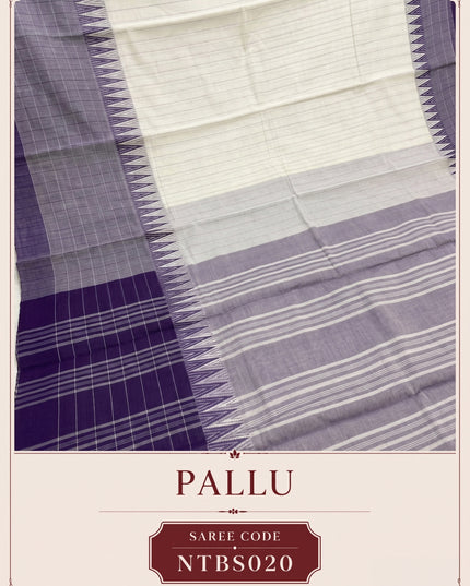 Premium Handwoven Cotton Saree in Off White & Lavender Purple with Traditional Temple Border | Soft & Breathable Daily Wear Saree