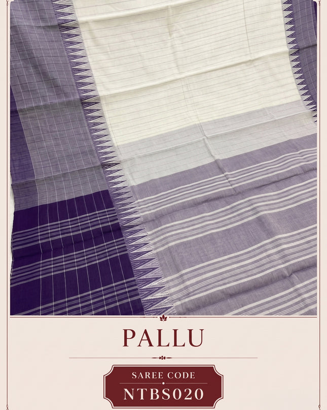 Premium Handwoven Cotton Saree in Off White & Lavender Purple with Traditional Temple Border | Soft & Breathable Daily Wear Saree