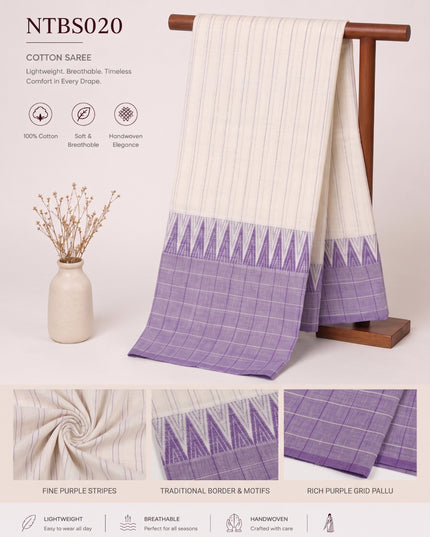 Premium Handwoven Cotton Saree in Off White & Lavender Purple with Traditional Temple Border | Soft & Breathable Daily Wear Saree