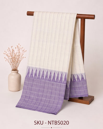 Premium Handwoven Cotton Saree in Off White & Lavender Purple with Traditional Temple Border | Soft & Breathable Daily Wear Saree