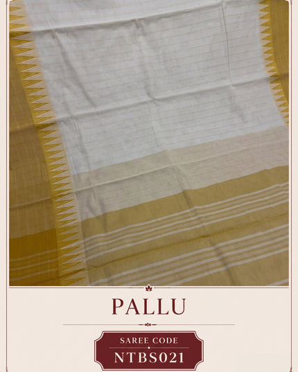 Premium Handwoven Cotton Saree in Off White & Mustard Yellow with Traditional Temple Border | Soft & Breathable Daily Wear Saree