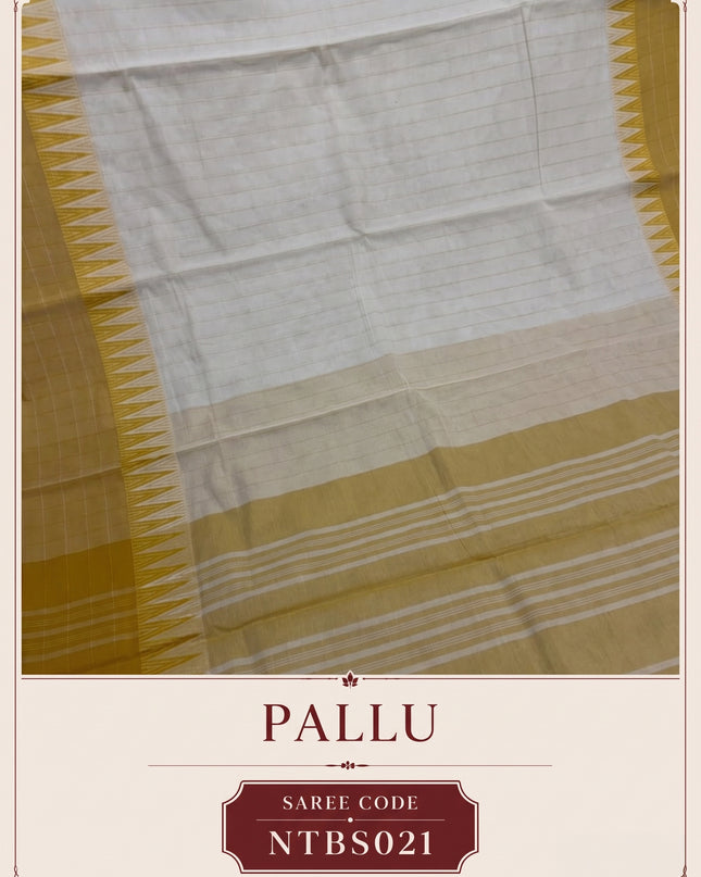 Premium Handwoven Cotton Saree in Off White & Mustard Yellow with Traditional Temple Border | Soft & Breathable Daily Wear Saree