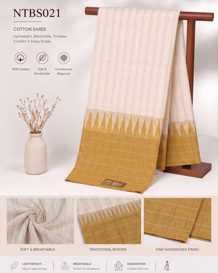 Premium Handwoven Cotton Saree in Off White & Mustard Yellow with Traditional Temple Border | Soft & Breathable Daily Wear Saree