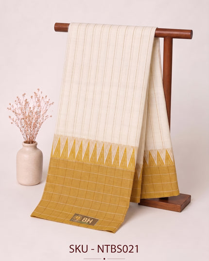 Premium Handwoven Cotton Saree in Off White & Mustard Yellow with Traditional Temple Border | Soft & Breathable Daily Wear Saree