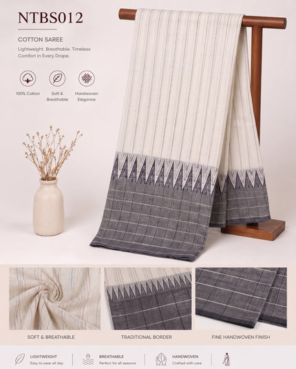 Premium Handwoven Cotton Saree in Off White & Charcoal Grey with Traditional Temple Border | Soft & Breathable Daily Wear Saree