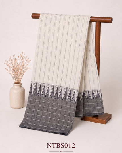 Premium Handwoven Cotton Saree in Off White & Charcoal Grey with Traditional Temple Border | Soft & Breathable Daily Wear Saree