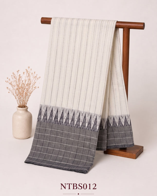 Premium Handwoven Cotton Saree in Off White & Charcoal Grey with Traditional Temple Border | Soft & Breathable Daily Wear Saree