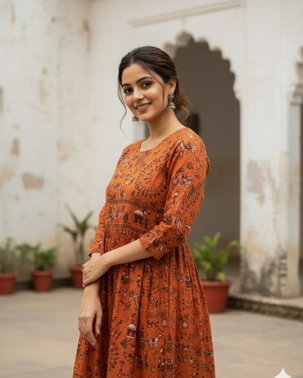 Orange Floral Printed Cotton Frock for Women – Casual Wear | Bhavana Handlooms