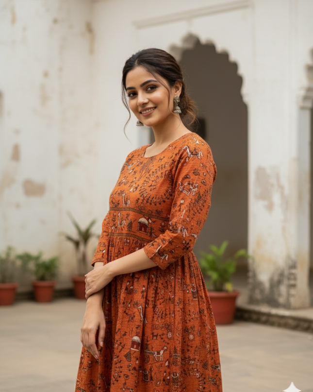 Orange Floral Printed Cotton Frock for Women – Casual Wear | Bhavana Handlooms