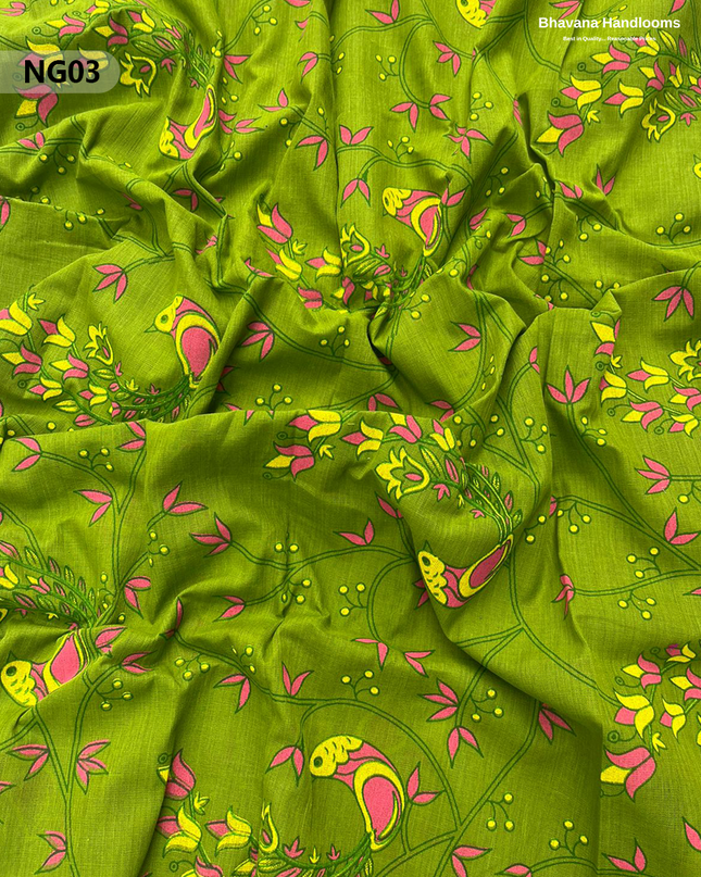 Soft Nagari Cotton Unstitched Dress Material | Daily Wear Yellow & Green 3pc Set