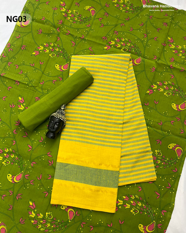 Soft Nagari Cotton Unstitched Dress Material | Daily Wear Yellow & Green 3pc Set