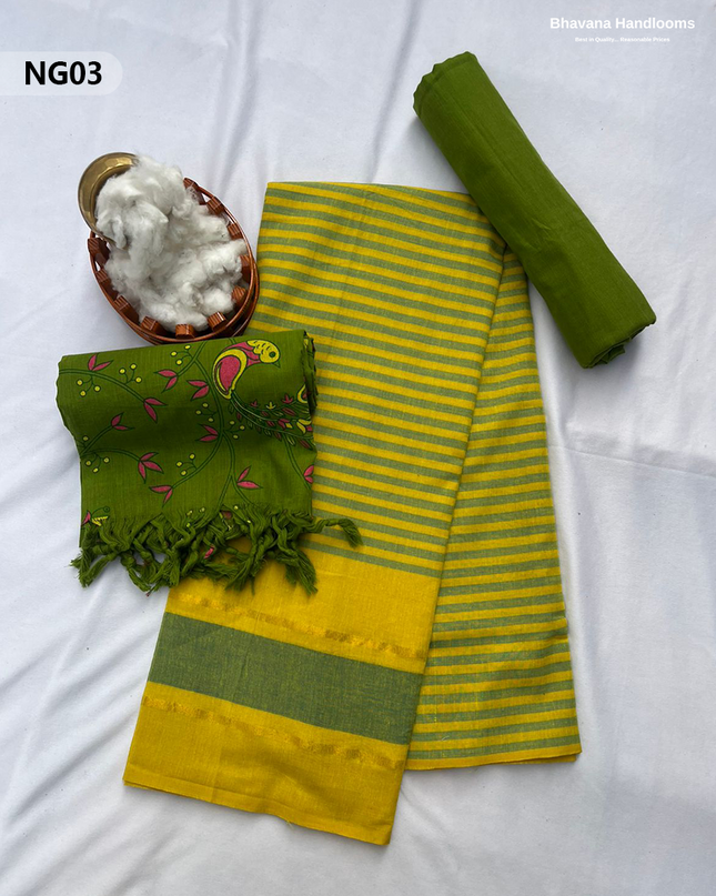 Soft Nagari Cotton Unstitched Dress Material | Daily Wear Yellow & Green 3pc Set