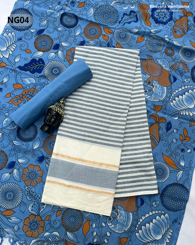 Soft Nagari Cotton Unstitched Dress Material | Daily Wear White & Gray 3pc Set