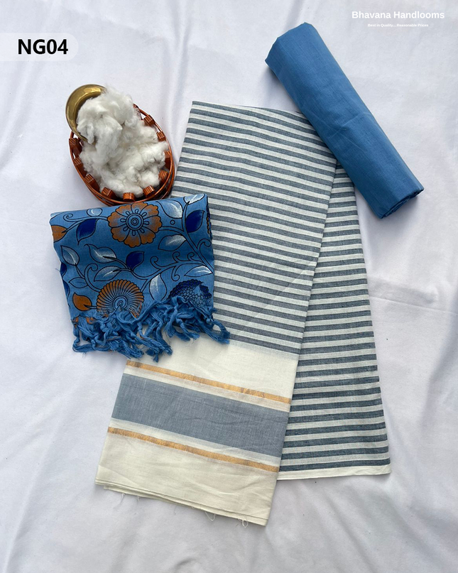Soft Nagari Cotton Unstitched Dress Material | Daily Wear White & Gray 3pc Set