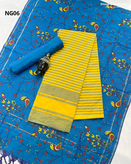 Soft Nagari Cotton Unstitched Dress Material | Daily Wear Yellow & Royal Blue 3pc Set
