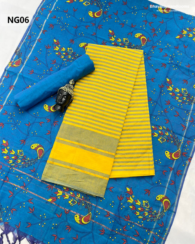 Soft Nagari Cotton Unstitched Dress Material | Daily Wear Yellow & Royal Blue 3pc Set