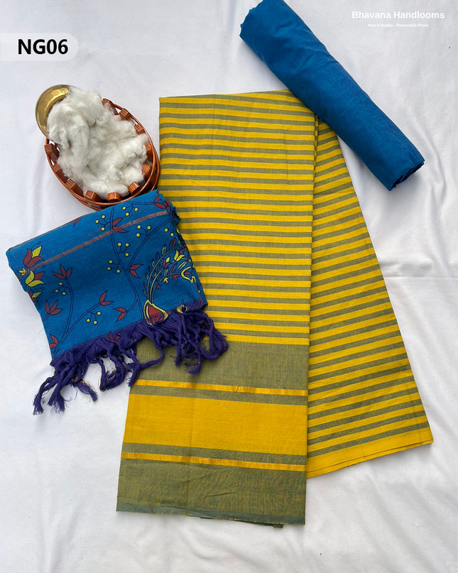 Soft Nagari Cotton Unstitched Dress Material | Daily Wear Yellow & Royal Blue 3pc Set