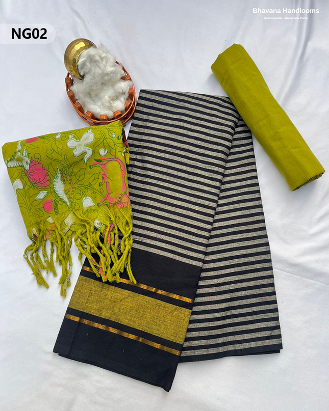 Soft Nagari Cotton Unstitched Dress Material | Daily Wear Black & greyish white 3pc Set