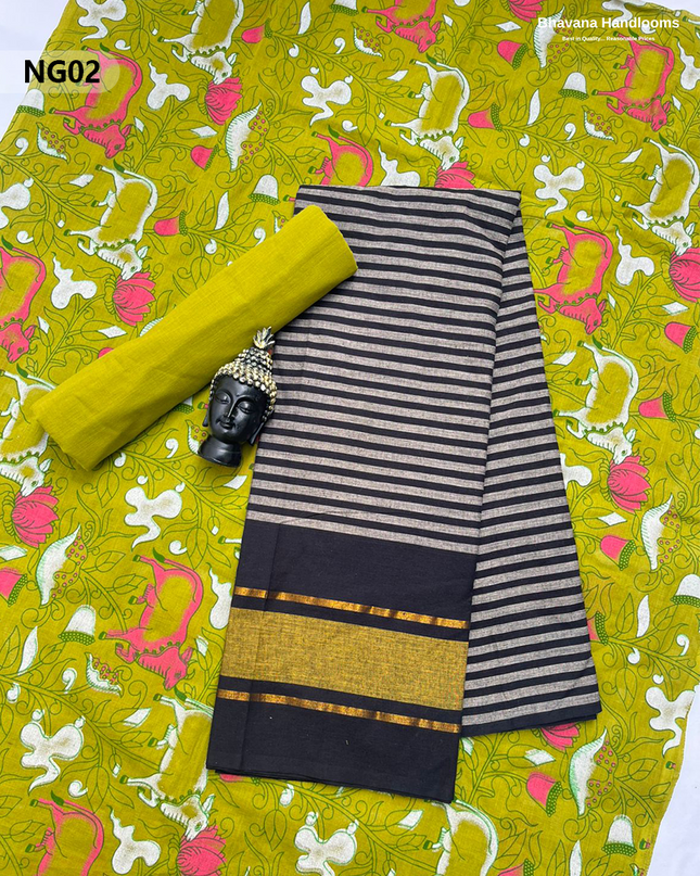 Soft Nagari Cotton Unstitched Dress Material | Daily Wear Black & greyish white 3pc Set